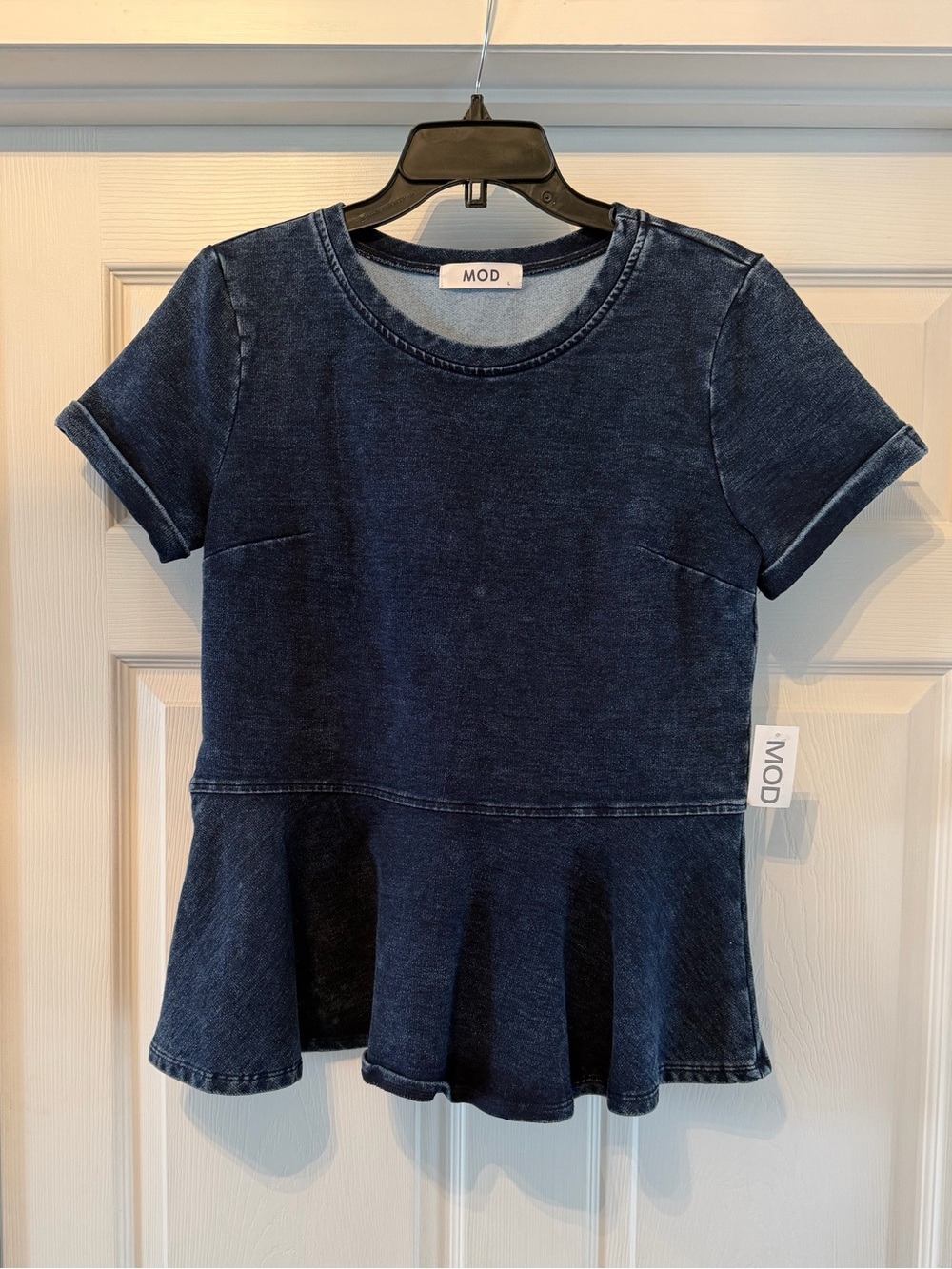 NWT Mod denim knit stretch short sleeve top with flare Size Large